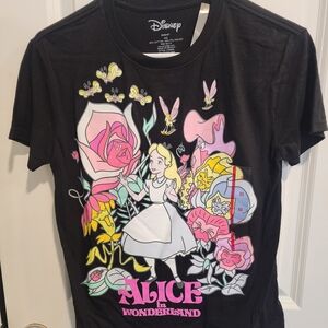Disney Alice in Wonderland Black Tee with Pink and Yellow Floral Design